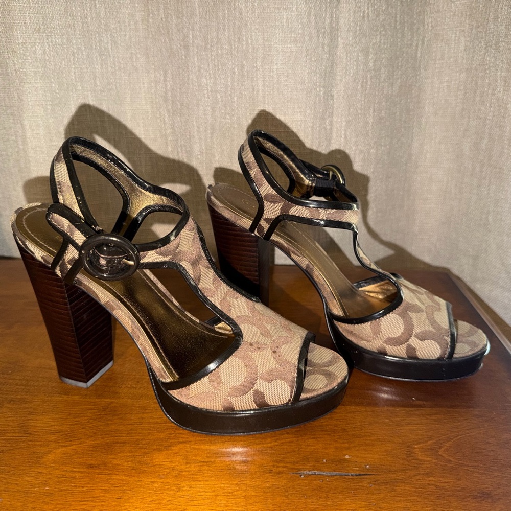 Coach Signature Pattern Tan and Brown Heels - Picture 2 of 4